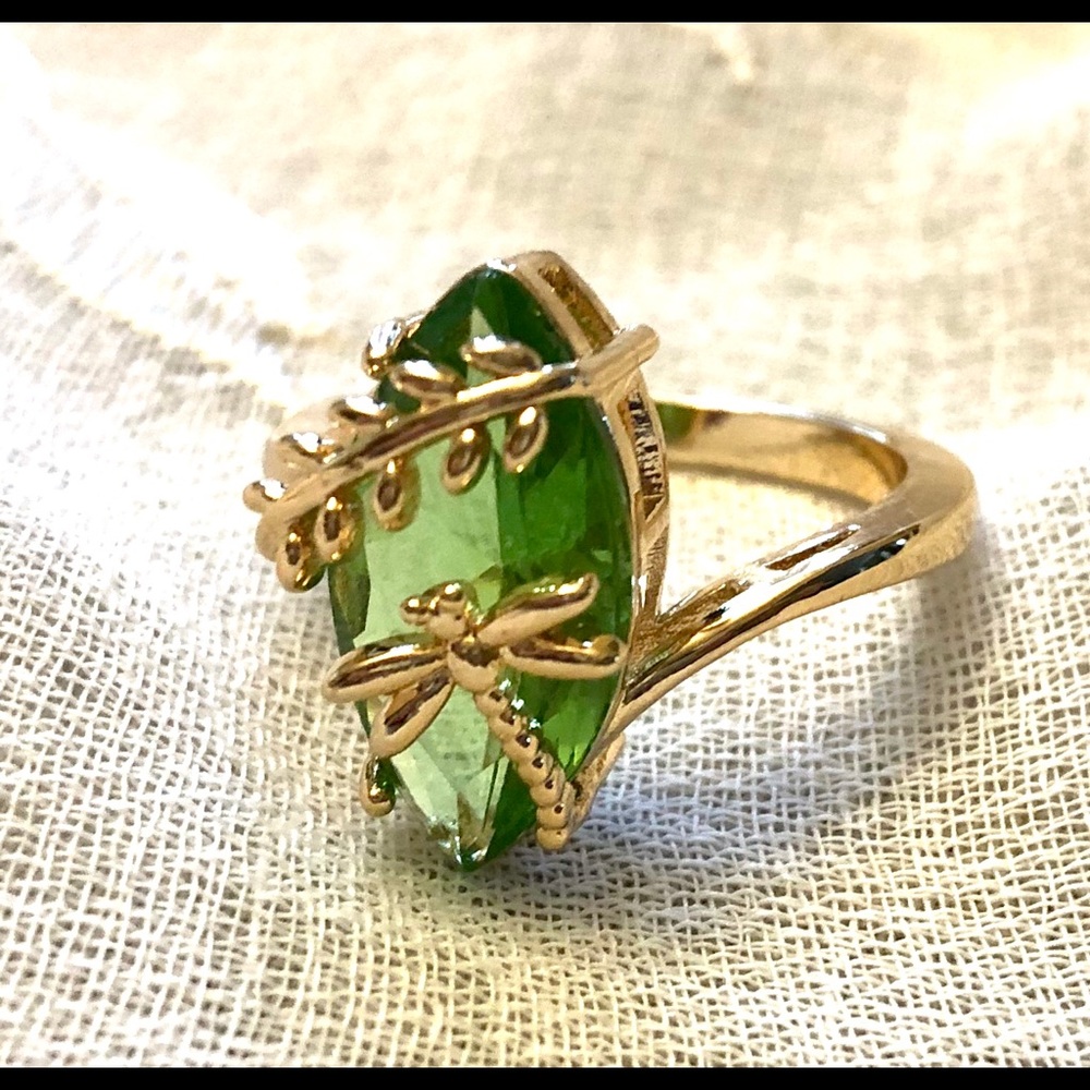Dragonfly Ring with Green Crystal Stone  -Size 10
